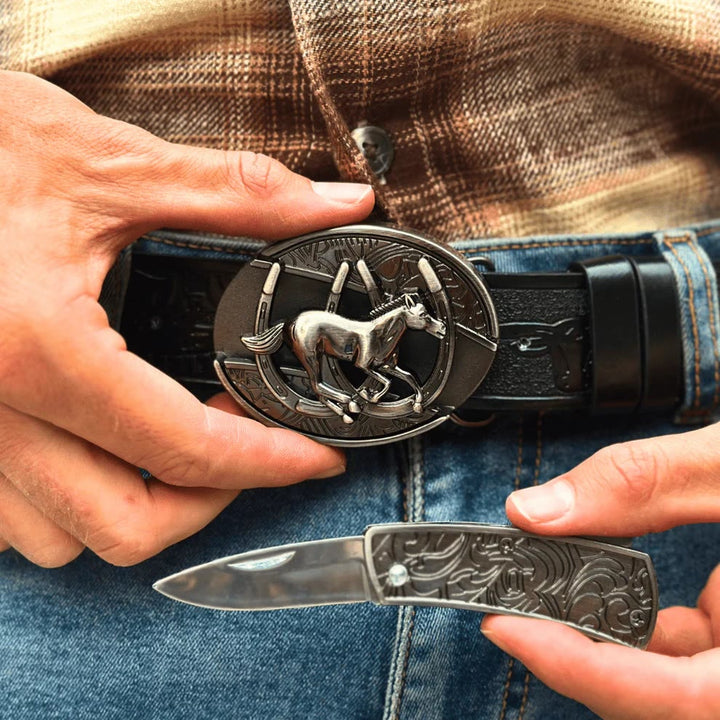 Herren DIY Galoppierendes Pferd Verstecktes Klappmesser Ledergürtel - image 5