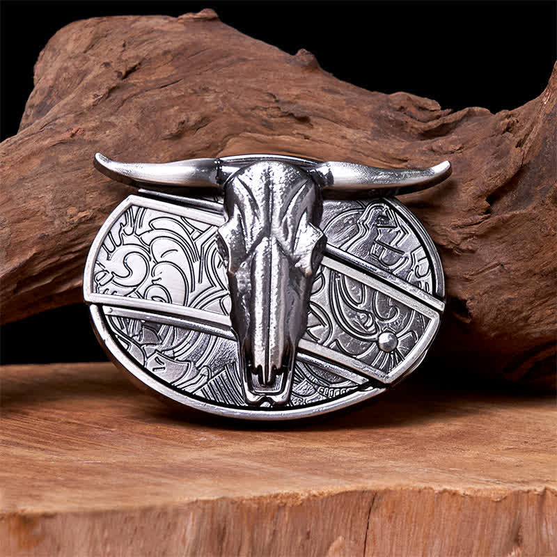 Bull's Head DIY verstecktes Messer Silber Western Vintage Schnalle Ledergürtel - Ohne Gürtel - Nicht im Lieferumfang enthaltener Gürtel - image 0