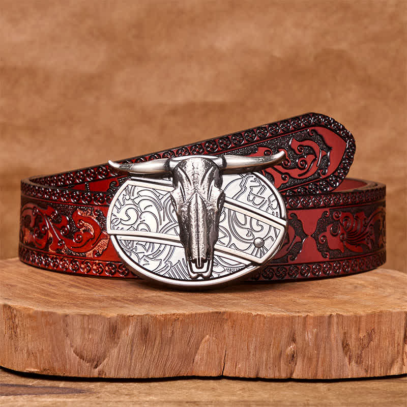Bull's Head DIY verstecktes Messer Silber Western Vintage Schnalle Ledergürtel - Brauner geschnitzter Gürtel - 42 - image 9