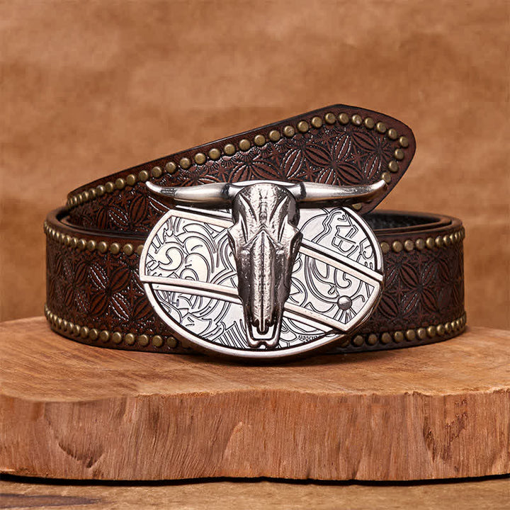 Bull's Head DIY verstecktes Messer Silber Western Vintage Schnalle Ledergürtel - Brauner Nietengürtel - 42 - image 6