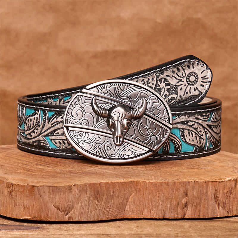 Herren DIY Longhorn Bull Verstecktes Klappmesser Ledergürtel - Longhorn-Bulle - Grauer Blumengürtel - 42 - image 14