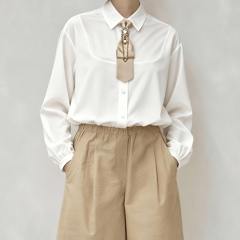 Vorgebundene modische kurze Krawatte mit weißen Diamanten und Perlen in Khaki - image 1