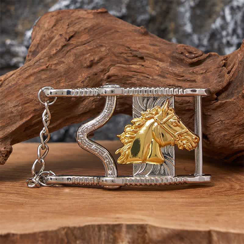 Ledergürtel mit ausgehöhlter Schnalle in Gold und Silber mit Pferdekopf - Goldenes Pferd - Ohne Gürtel - Nicht im Lieferumfang enthaltener Gürtel - image 0