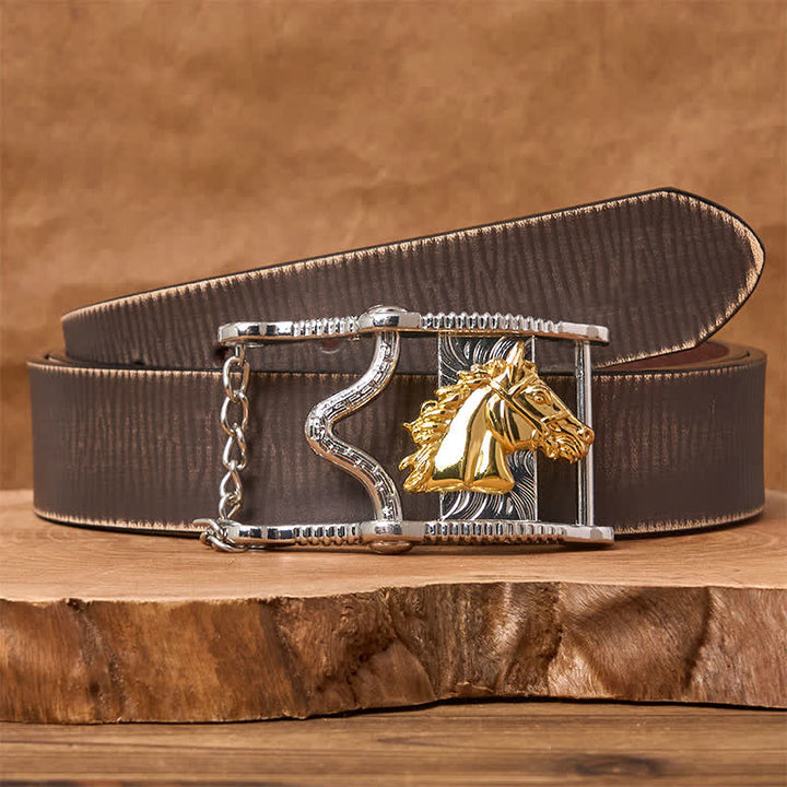 Ledergürtel mit ausgehöhlter Schnalle in Gold und Silber mit Pferdekopf - Goldenes Pferd - Brauner Distressed-Gürtel - 42 - image 5