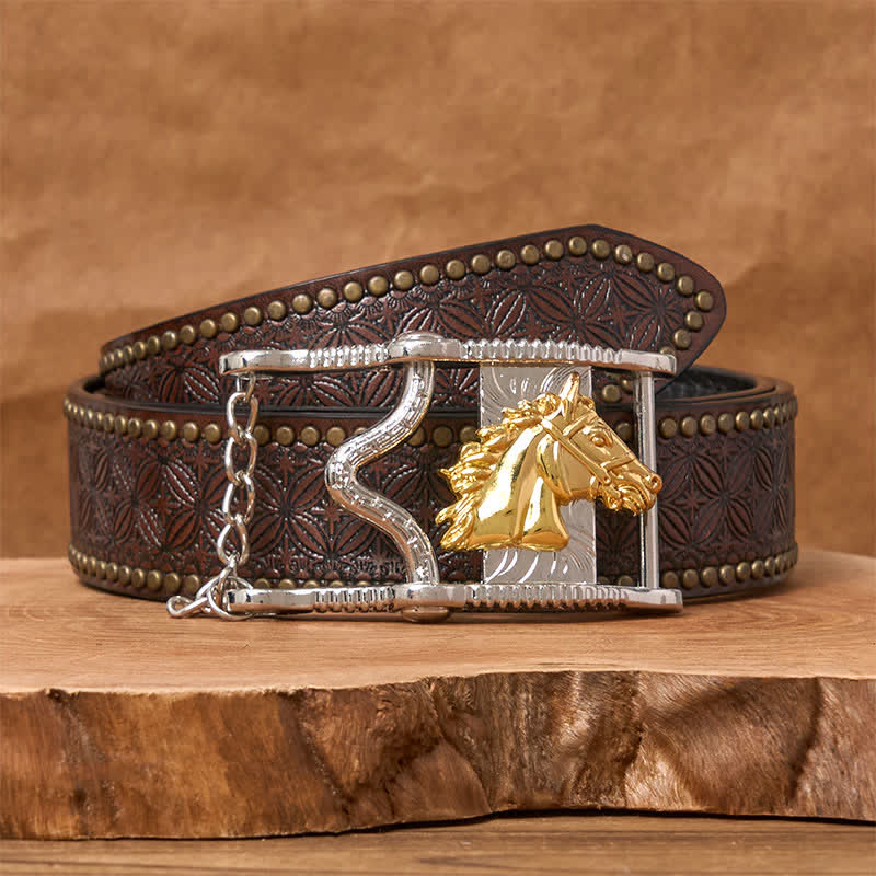 Ledergürtel mit ausgehöhlter Schnalle in Gold und Silber mit Pferdekopf - Goldenes Pferd - Brauner Nietengürtel - 42 - image 4