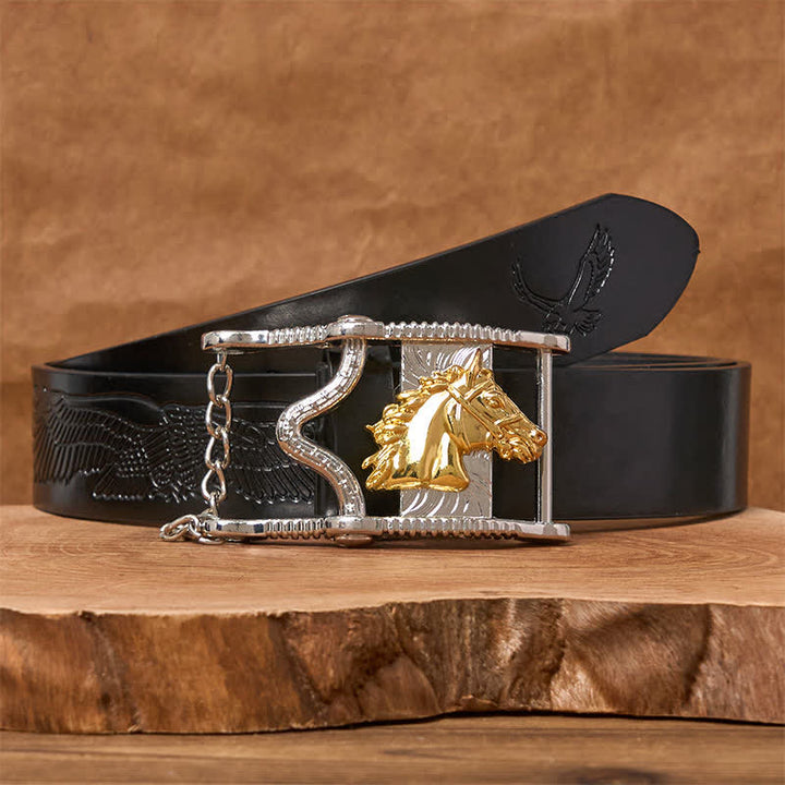 Ledergürtel mit ausgehöhlter Schnalle in Gold und Silber mit Pferdekopf - Goldenes Pferd - Schwarzer Gürtel mit geprägtem Adler - 42 - image 2