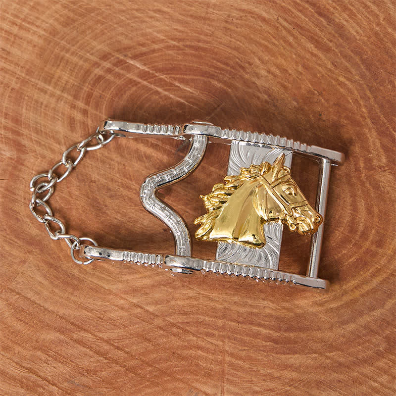 Ledergürtel mit ausgehöhlter Schnalle in Gold und Silber mit Pferdekopf - image 1