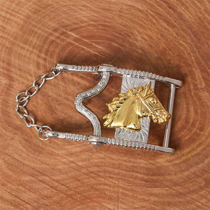 Ledergürtel mit ausgehöhlter Schnalle in Gold und Silber mit Pferdekopf - image 1