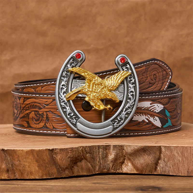 Western-Ledergürtel mit Hufeisenschnalle in Goldadler-Optik - Gold Eagle - Brauner Federgürtel - 40 - image 7
