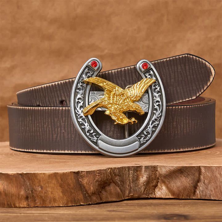 Western-Ledergürtel mit Hufeisenschnalle in Goldadler-Optik - Gold Eagle - Brauner Distressed-Gürtel - 42 - image 5
