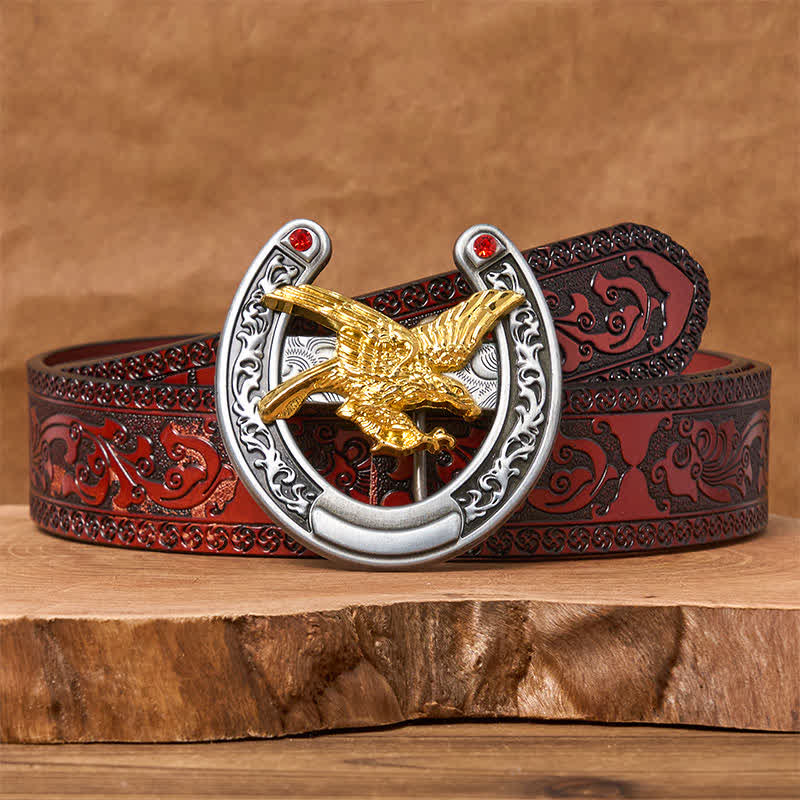 Western-Ledergürtel mit Hufeisenschnalle in Goldadler-Optik - Gold Eagle - Brauner geschnitzter Gürtel - 42 - image 6