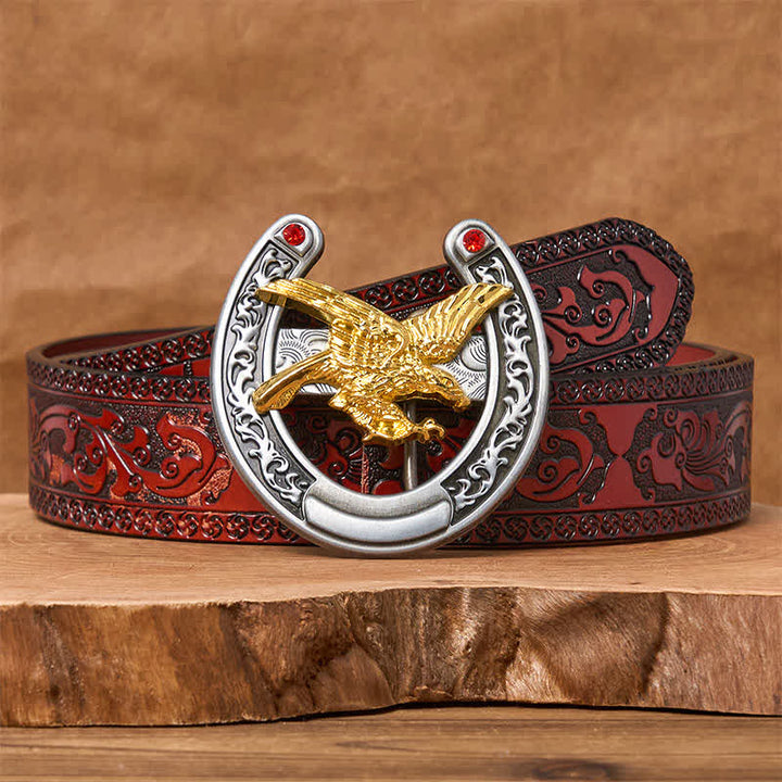 Western-Ledergürtel mit Hufeisenschnalle in Goldadler-Optik - Gold Eagle - Brauner geschnitzter Gürtel - 42 - image 6