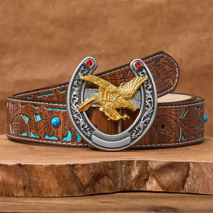 Western-Ledergürtel mit Hufeisenschnalle in Goldadler-Optik - Gold Eagle - Türkisfarbener geschnitzter Gürtel - 42 - image 3