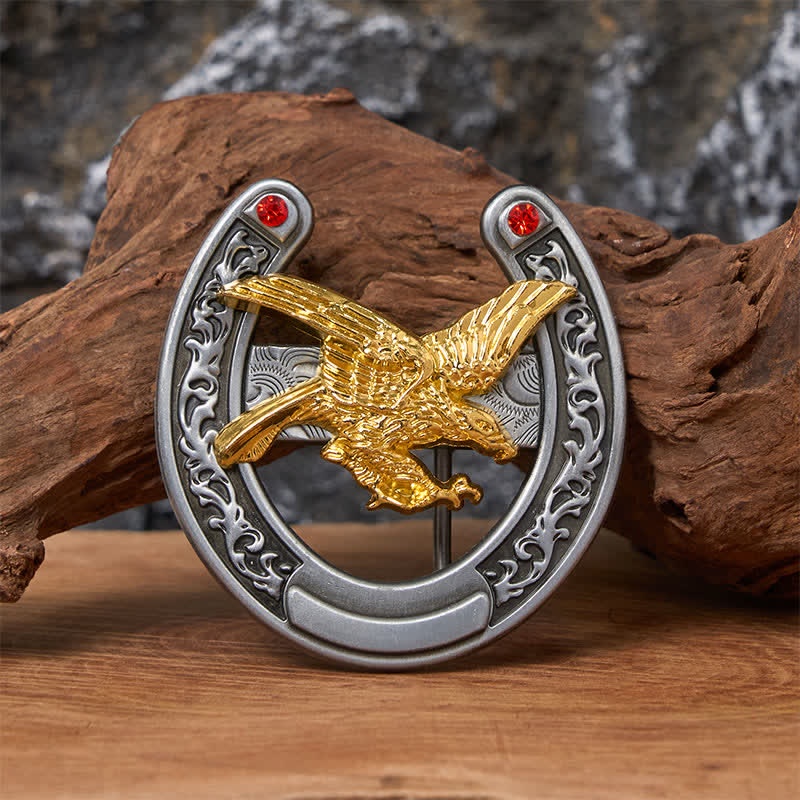 Western-Ledergürtel mit Hufeisenschnalle in Goldadler-Optik - Gold Eagle - Ohne Gürtel - Nicht im Lieferumfang enthaltener Gürtel - image 0