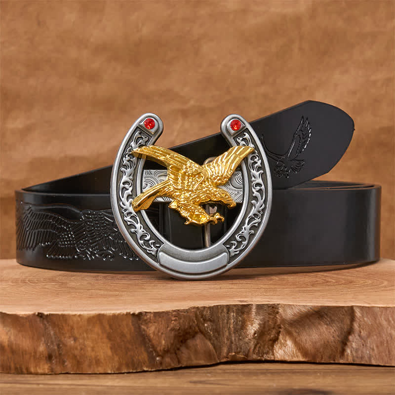Western-Ledergürtel mit Hufeisenschnalle in Goldadler-Optik - Gold Eagle - Schwarzer Gürtel mit geprägtem Adler - 42 - image 2