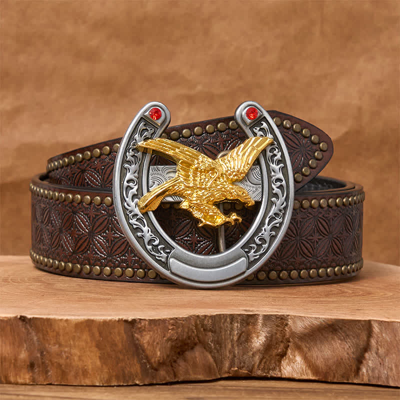 Western-Ledergürtel mit Hufeisenschnalle in Goldadler-Optik - Gold Eagle - Brauner Nietengürtel - 42 - image 4
