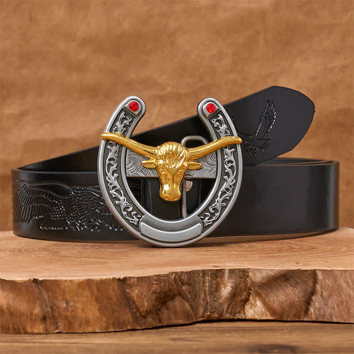 Western-Ledergürtel mit goldener Stierkopf-Schnalle in Hufeisenform - Gold Bull - Schwarzer Gürtel mit geprägtem Adler - 42 - image 2