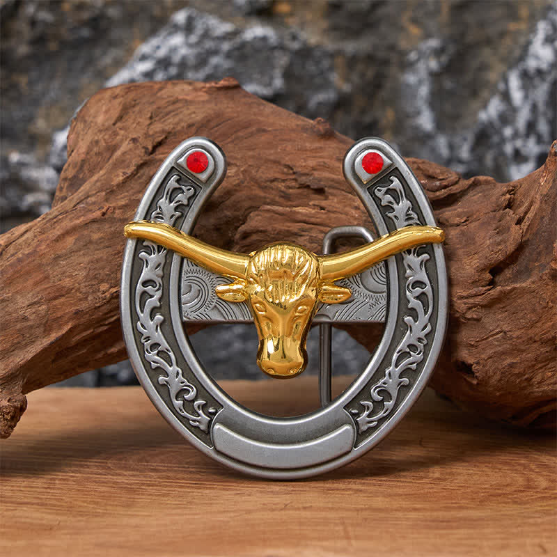 Western-Ledergürtel mit goldener Stierkopf-Schnalle in Hufeisenform - Gold Bull - Ohne Gürtel - Nicht im Lieferumfang enthaltener Gürtel - image 0