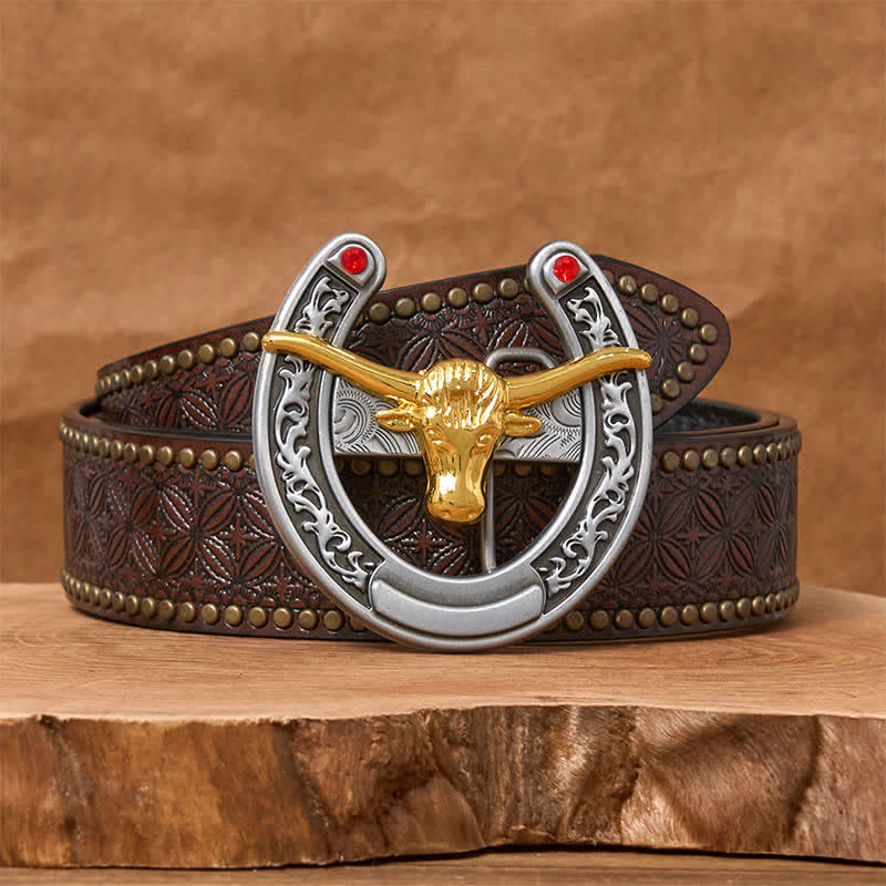 Western-Ledergürtel mit goldener Stierkopf-Schnalle in Hufeisenform - Gold Bull - Brauner Nietengürtel - 42 - image 4