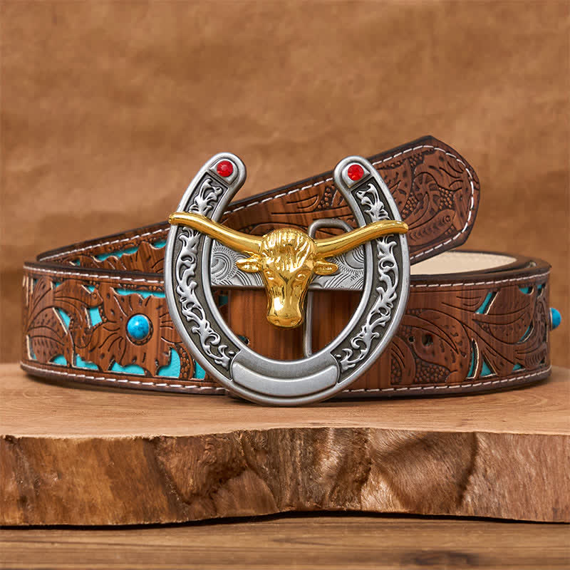 Western-Ledergürtel mit goldener Stierkopf-Schnalle in Hufeisenform - Gold Bull - Türkisfarbener geschnitzter Gürtel - 42 - image 3