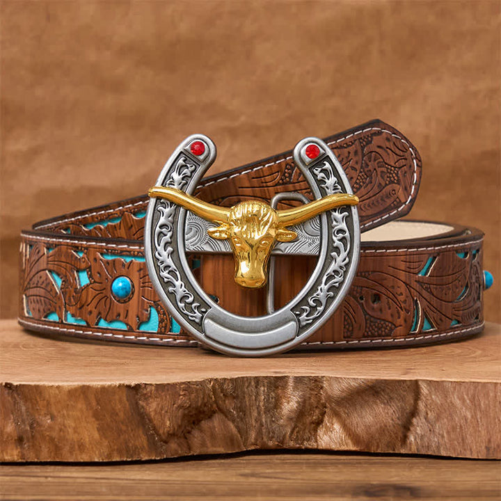 Western-Ledergürtel mit goldener Stierkopf-Schnalle in Hufeisenform - Gold Bull - Türkisfarbener geschnitzter Gürtel - 42 - image 3