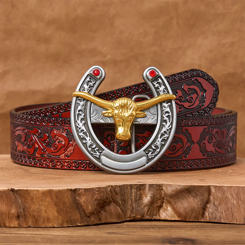 Western-Ledergürtel mit goldener Stierkopf-Schnalle in Hufeisenform - Gold Bull - Brauner geschnitzter Gürtel - 42 - image 6