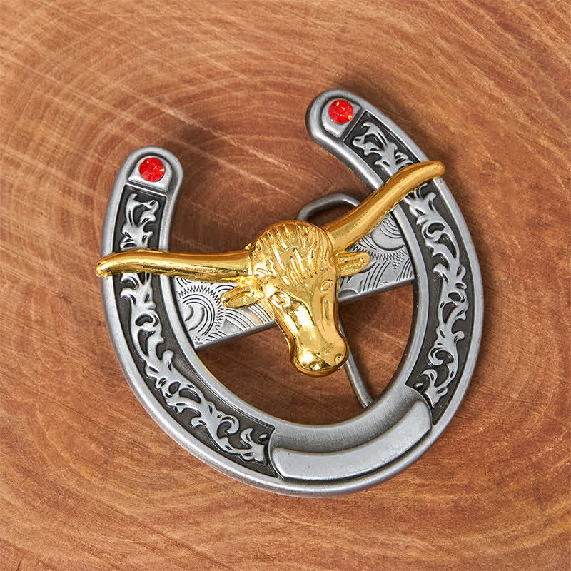 Western-Ledergürtel mit goldener Stierkopf-Schnalle in Hufeisenform - image 1
