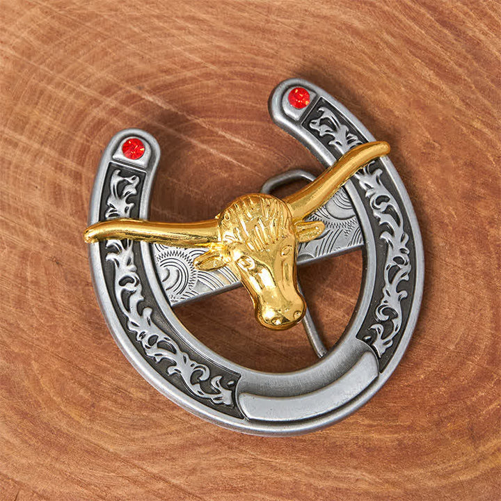 Western-Ledergürtel mit goldener Stierkopf-Schnalle in Hufeisenform - image 1
