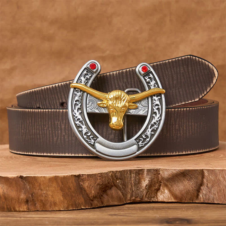 Western-Ledergürtel mit goldener Stierkopf-Schnalle in Hufeisenform - Gold Bull - Brauner Distressed-Gürtel - 42 - image 5