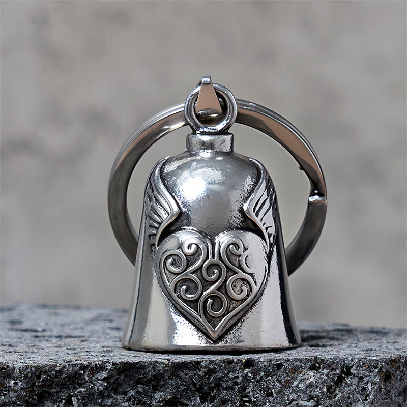 Vintage Silber Flügel Herz Glocke Schlüsselanhänger - Schlüsselanhänger - image 0