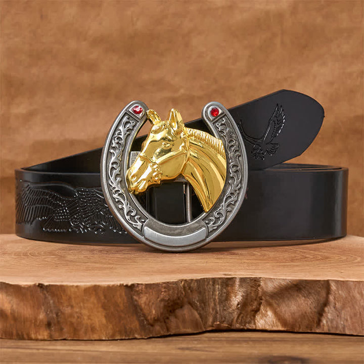 Ledergürtel mit Schnalle in Pferdekopf- und Hufeisenform - Goldenes Pferd - Schwarzer Gürtel mit geprägtem Adler - 42 - image 2