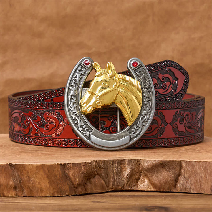 Ledergürtel mit Schnalle in Pferdekopf- und Hufeisenform - Goldenes Pferd - Brauner geschnitzter Gürtel - 42 - image 6