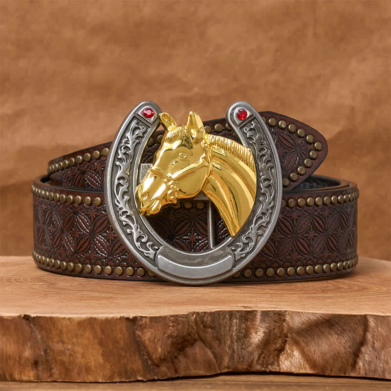 Ledergürtel mit Schnalle in Pferdekopf- und Hufeisenform - Goldenes Pferd - Brauner Nietengürtel - 42 - image 4