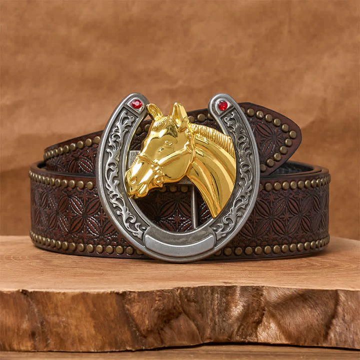 Ledergürtel mit Schnalle in Pferdekopf- und Hufeisenform - Goldenes Pferd - Brauner Nietengürtel - 42 - image 4