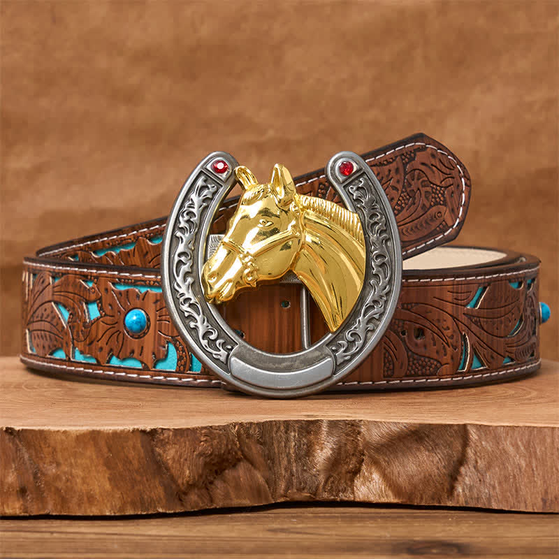 Ledergürtel mit Schnalle in Pferdekopf- und Hufeisenform - Goldenes Pferd - Türkisfarbener geschnitzter Gürtel - 42 - image 3