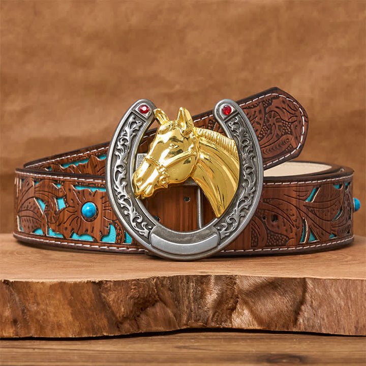 Ledergürtel mit Schnalle in Pferdekopf- und Hufeisenform - Goldenes Pferd - Türkisfarbener geschnitzter Gürtel - 42 - image 3