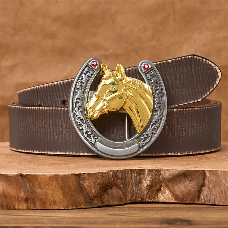 Ledergürtel mit Schnalle in Pferdekopf- und Hufeisenform - Goldenes Pferd - Brauner Distressed-Gürtel - 42 - image 5