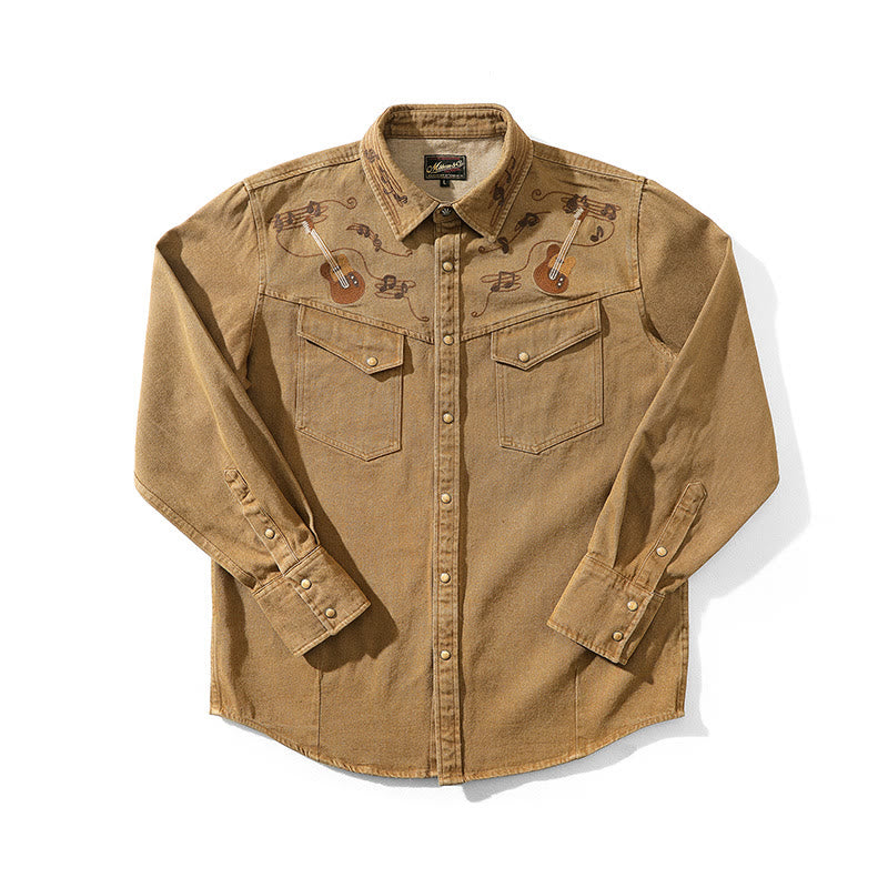 Vintage Gitarre Musiknote Stickerei Western Cowboy Shirt - Kaffee - 3XL - image 1