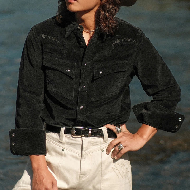 Schwarzes Western-Cowboyhemd aus Cord mit Stickerei - image 0