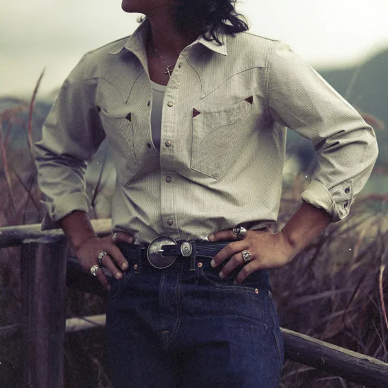 Vintage Beige Gewebtes Streifen Western Cowboy Hemd - image 0