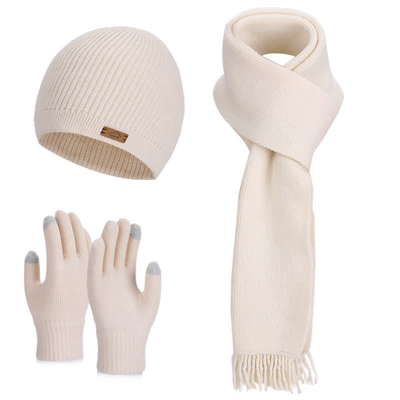 3-teiliges Set aus einfarbiger Strickmütze, Mütze, Schal und Handschuhen - Elfenbein - Einstellbar (21 5/8"-23 5/8") - image 0
