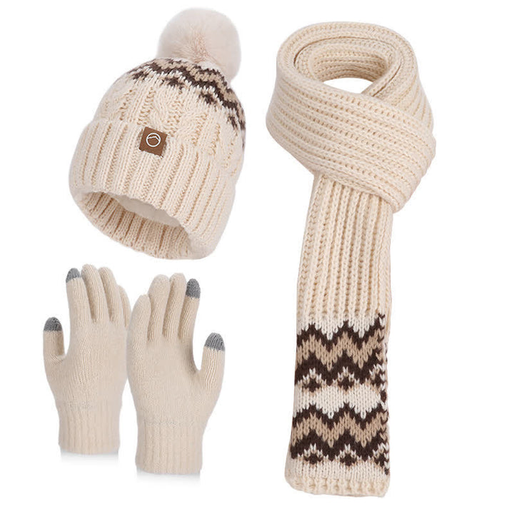 3-teiliges Set mit bezauberndem Wellenmuster: Mütze, Schal und Handschuhe mit Bommel - Beige - Verstellbar (21 5/8"-23 5/8") - image 0