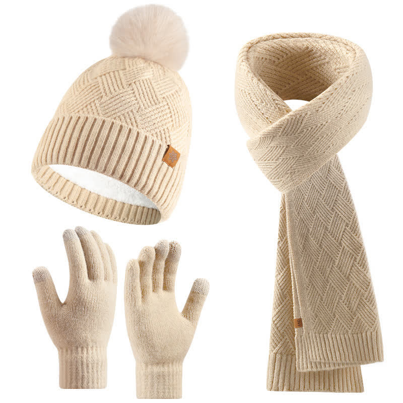 3-teiliges Set aus Mütze, Schal und Handschuhen mit flauschigen Bommeln in Volltonfarbe - Beige - Einstellbar (21 1/4"-22 7/8") - image 0