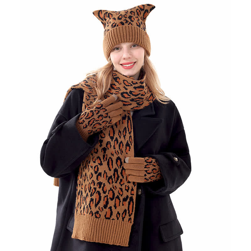 3-teiliges Set mit Mütze, Schal und Handschuhen mit Leopardenmuster und Katzenohren - image 1