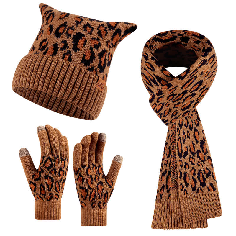 3-teiliges Set mit Mütze, Schal und Handschuhen mit Leopardenmuster und Katzenohren - Kaffee - Einstellbar (21 1/4"-22 7/8") - image 0
