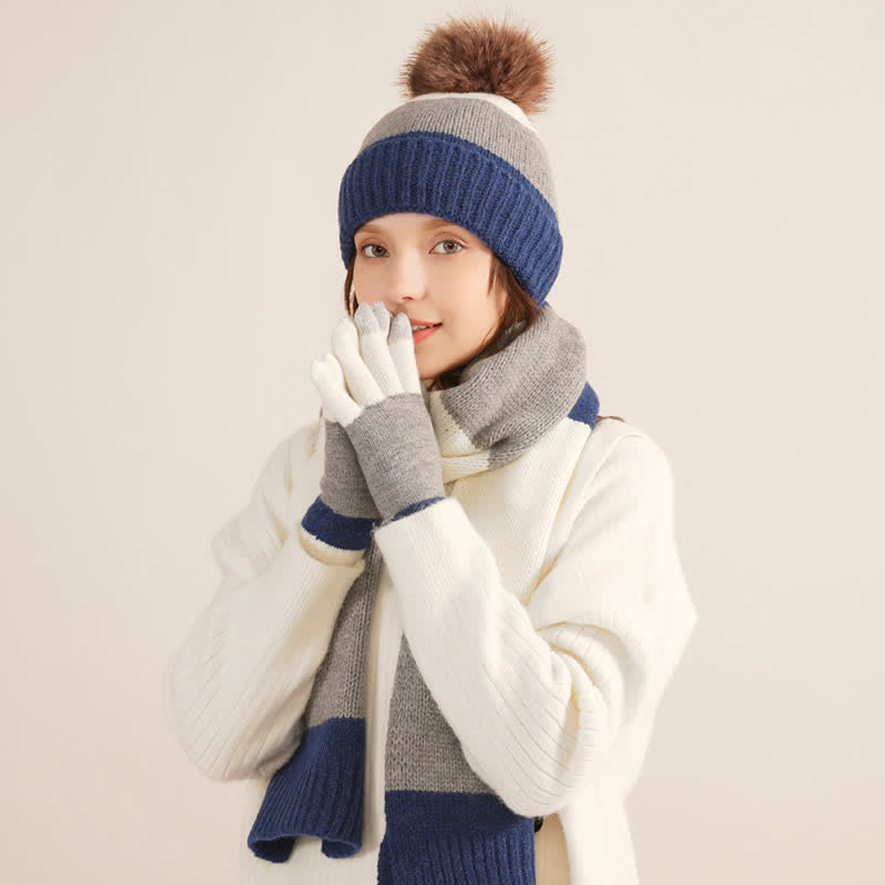 3-teiliges Set mit warmer Mütze, Schal und Handschuhen in dreifarbigem Blockdesign - image 1