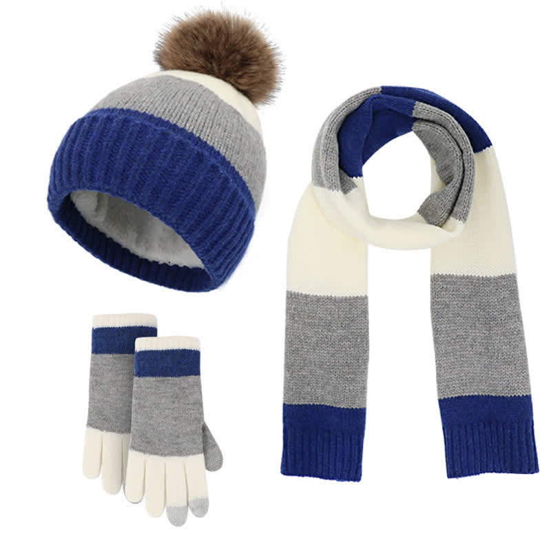 3-teiliges Set mit warmer Mütze, Schal und Handschuhen in dreifarbigem Blockdesign - Blau - Einstellbar (21 1/4"-22 7/8") - image 0