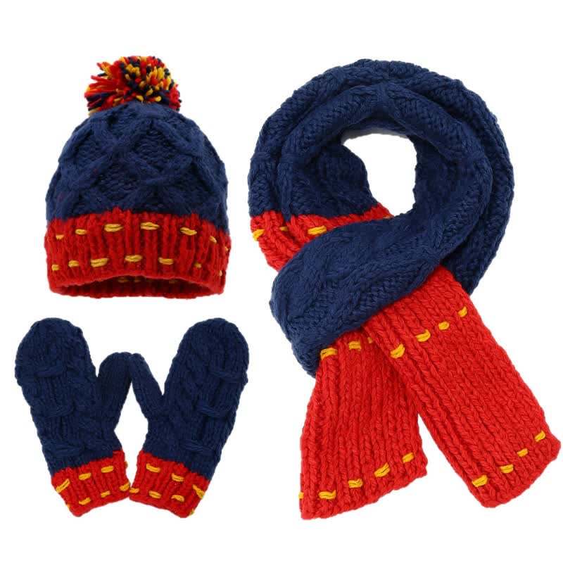 3-teiliges Set mit Mütze, Schal und Handschuhen im trendigen Liniendesign und Farbblockierung - Blau & Rot - Einstellbar (21 1/4"-22 7/8") - image 0