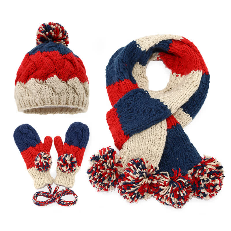 3-teiliges Set aus Mütze, Schal und Handschuhen im Twist-Design mit Bommel - Rot & Blau - Einstellbar (21 1/4"-22 7/8") - image 0