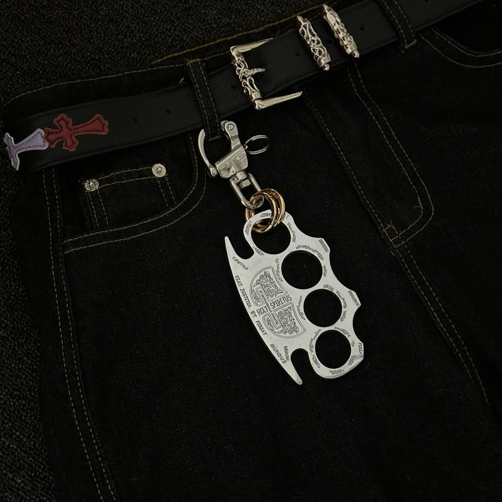 Silberner Selbstverteidigungs-Schlagring mit Doppelring-Schlüsselanhänger - image 1